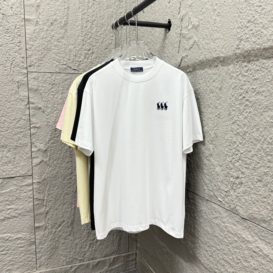 🅿️180 Polo* Ralph Lauren 2025 spring and summer new style Classic three little pony embroidery Customized double yarn plain cotton fabric Short-sleeved T-shirt Unisex Color: Black White Size: S (90-130 pounds) M (120-150 pounds) L (140-165 pounds) XL (160-180 pounds) XXL (180-210 pounds)